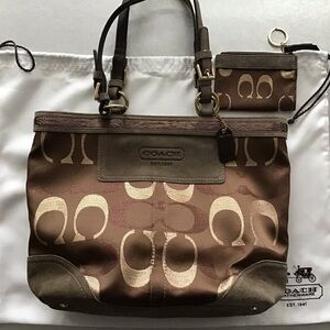Coach Brown and Tan Signature Shoulder Bag/ Coin purse/ Dust cover